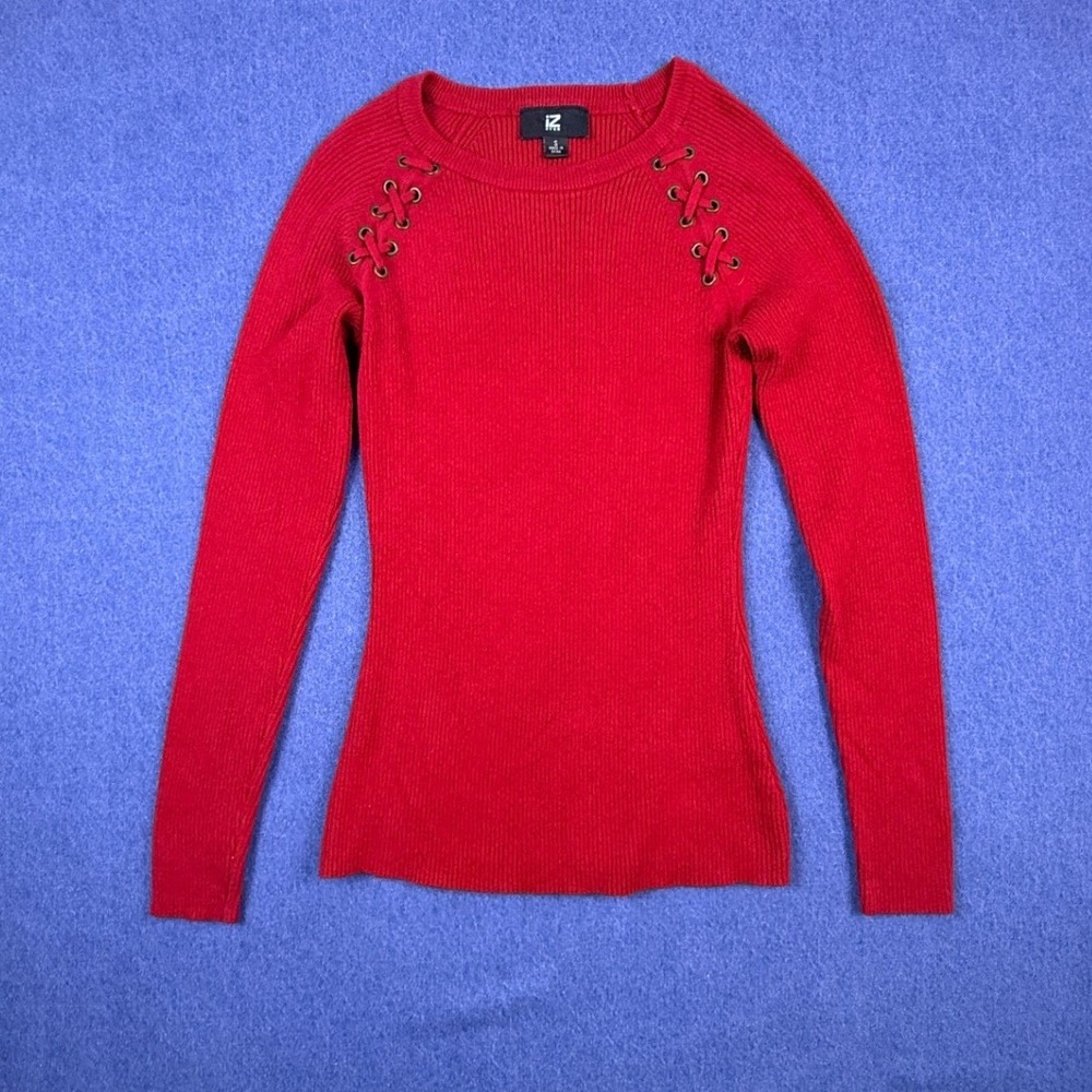 IZ Byer Red Ribbed Knit Lace Up Shoulder Long Sleeve Top Small